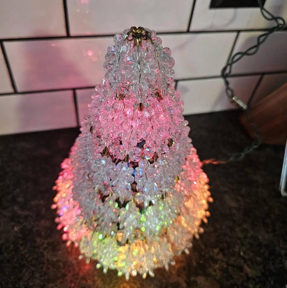 Vtg Safety Pin Clear Beads Gold Pink Christmas Tree 10” Lighted‎ Colored Lights